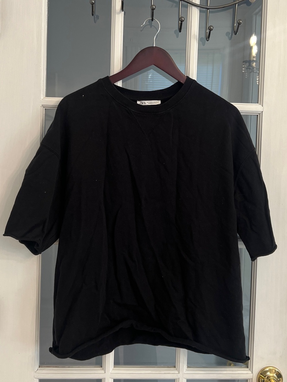 ZARA Women’s Black Terry 3/4 Sleeve Crewneck Oversized Top Size S